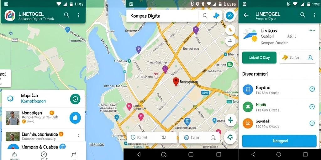 Antarmuka aplikasi LINETOGEL menampilkan fungsi kompas digital yang jelas.
